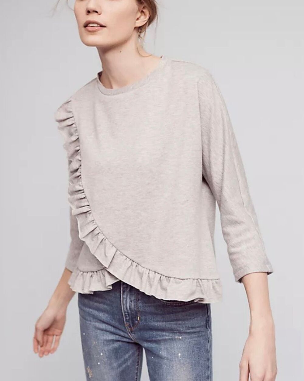 Anthropologie eri & ali grey ruffled asymmetrical top small